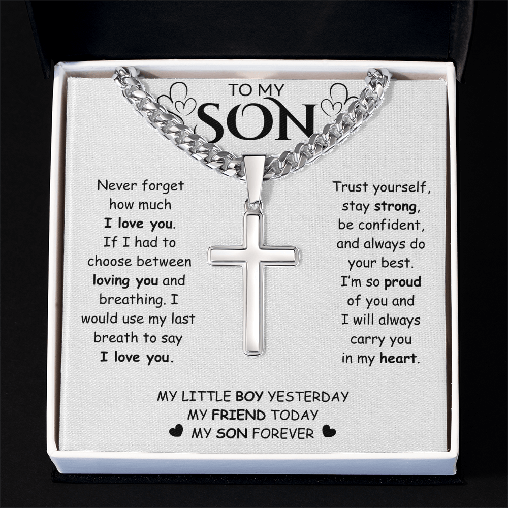 To My Son – Cross Cuban Chain Necklace | Heartfelt Encouragement & Love