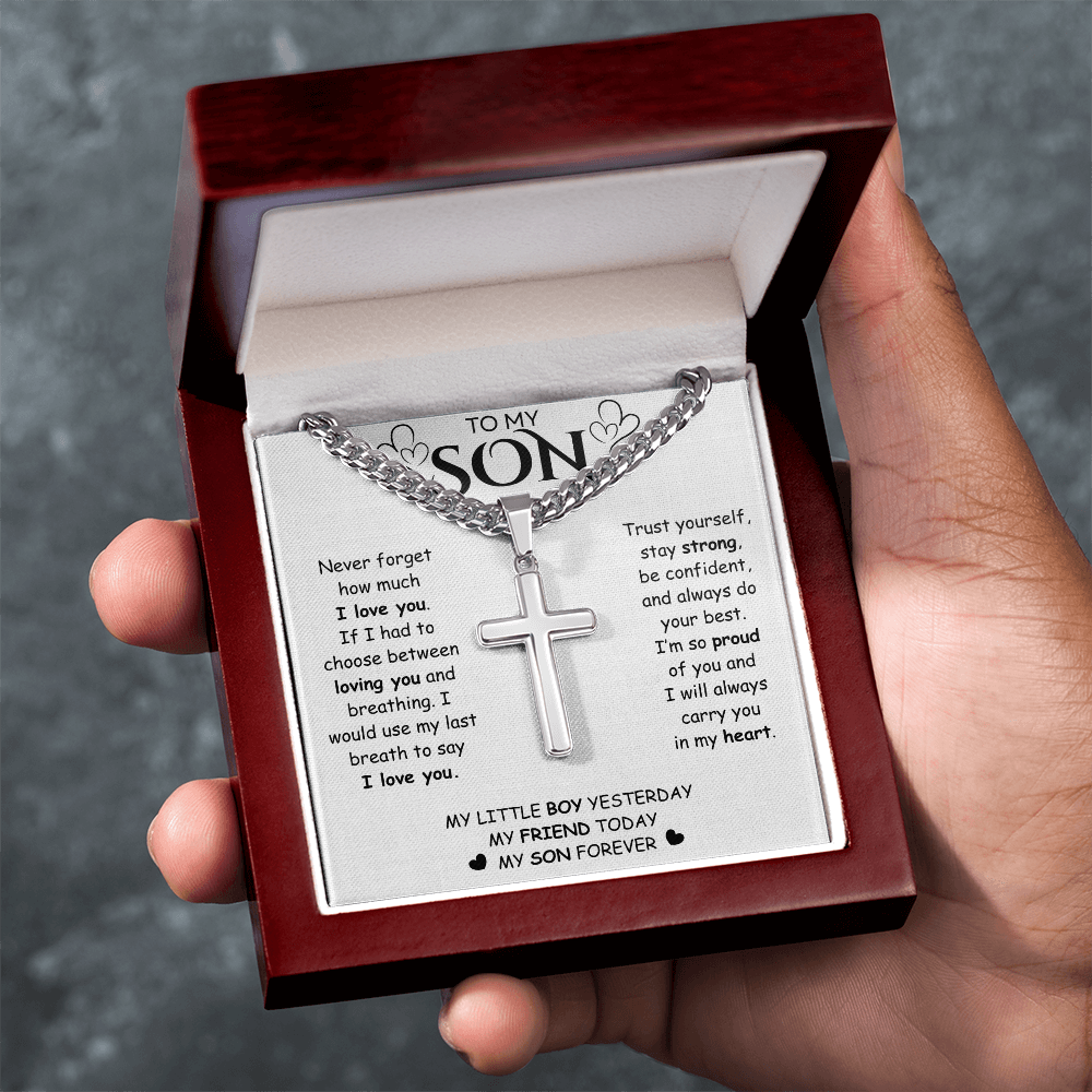 To My Son – Cross Cuban Chain Necklace | Heartfelt Encouragement & Love