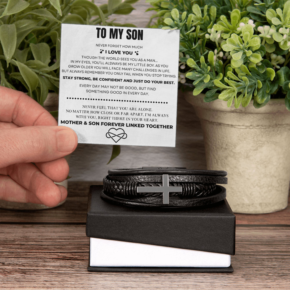 To My Son – Always Connected | Leather Cross Bracelet