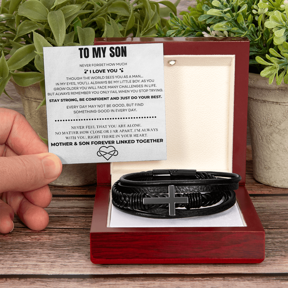 To My Son – Always Connected | Leather Cross Bracelet