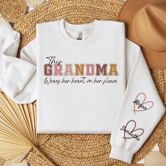 This Grandma Wears Her Heart on Her Sleeve – Personalized Sweatshirt