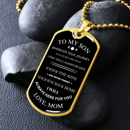 To My Son | Journey & Safety Prayer | Cross Dog Tag Necklace from Mom