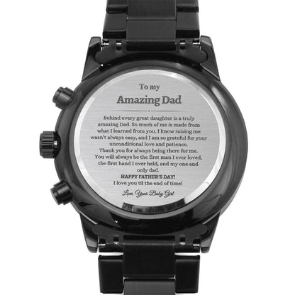 To My Amazing Dad from Daughter | Engraved Father's Day Watch | Engraved Design Black Chronograph Watch | I love You Dad