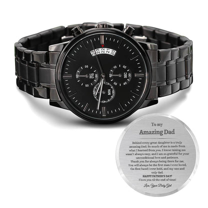 To My Amazing Dad from Daughter | Engraved Father's Day Watch | Engraved Design Black Chronograph Watch | I love You Dad