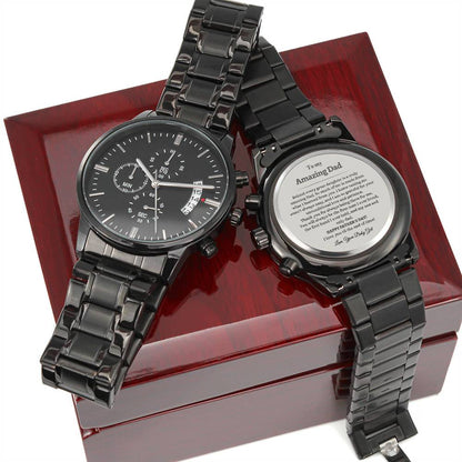 To My Amazing Dad from Daughter | Engraved Father's Day Watch | Engraved Design Black Chronograph Watch | I love You Dad