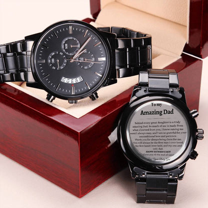 To My Amazing Dad from Daughter | Engraved Father's Day Watch | Engraved Design Black Chronograph Watch | I love You Dad
