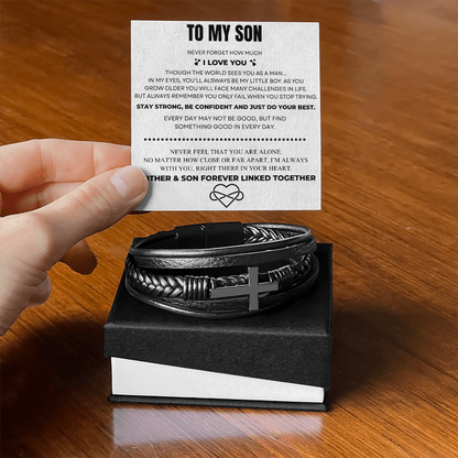 To My Son – Always Connected | Leather Cross Bracelet