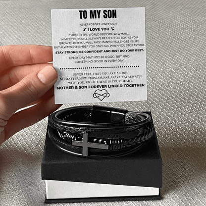 To My Son – Always Connected | Leather Cross Bracelet