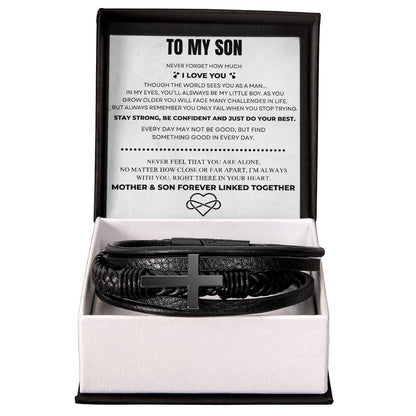 To My Son – Always Connected | Leather Cross Bracelet