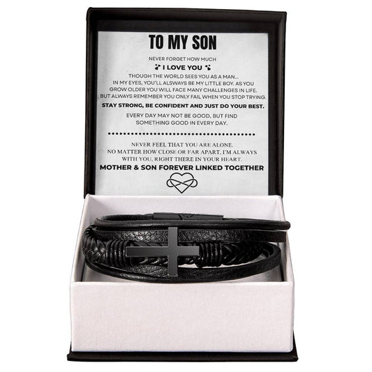To My Son – Always Connected | Leather Cross Bracelet