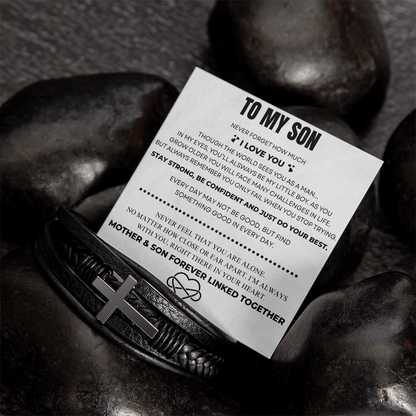 To My Son – Always Connected | Leather Cross Bracelet