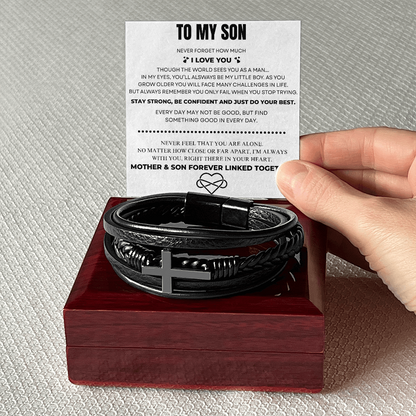 To My Son – Always Connected | Leather Cross Bracelet