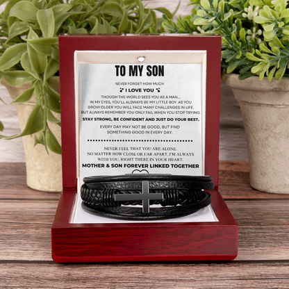To My Son – Always Connected | Leather Cross Bracelet