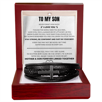 To My Son – Always Connected | Leather Cross Bracelet