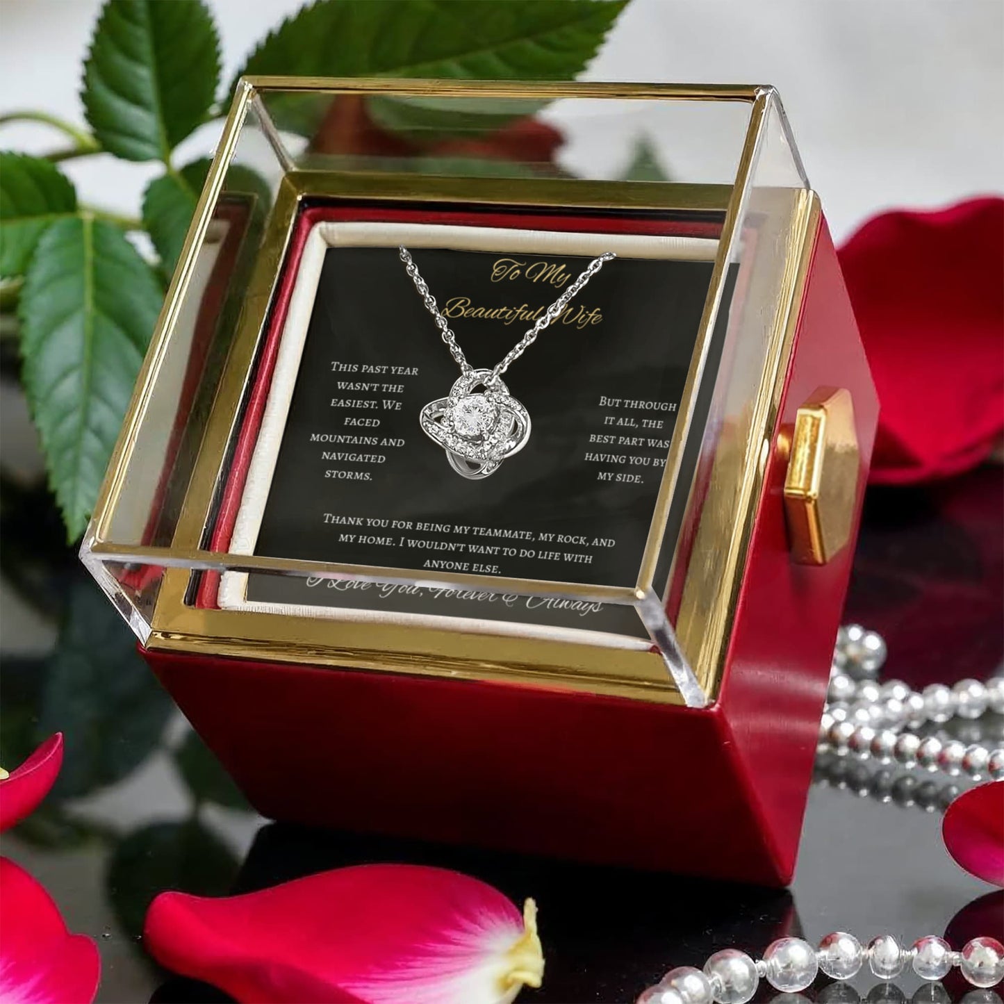 To My Beautiful Wife Love Knot Necklace Rose Box