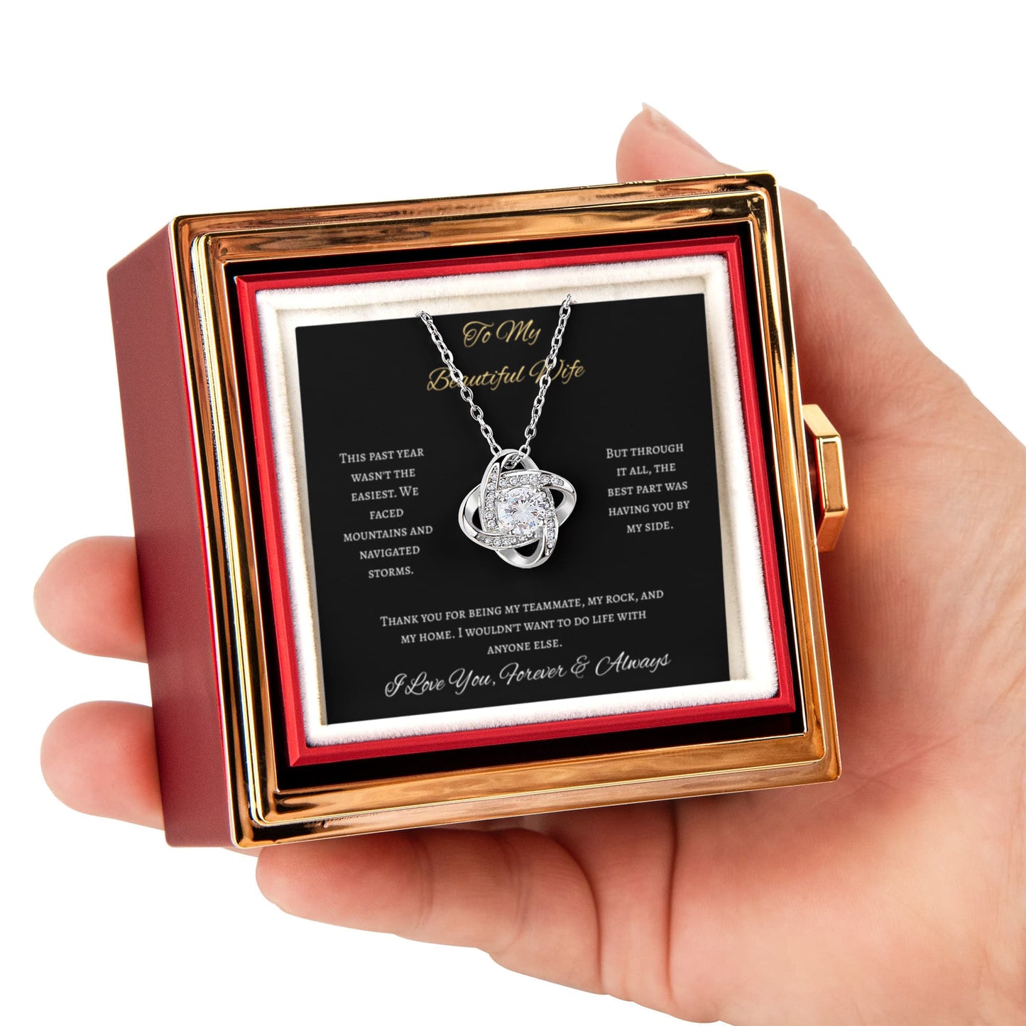 To My Beautiful Wife Love Knot Necklace Rose Box